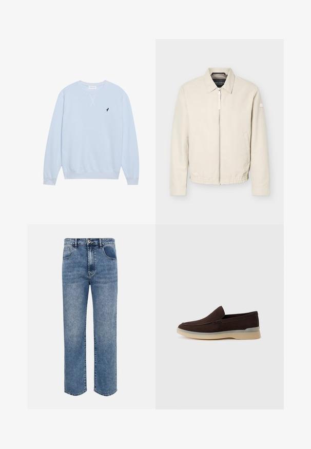 Beige lynlåsjakke med krave, lange ærmer, to sidelommer, elastisk taljebånd og et lille mærke på venstre ærme.; Lys blå sweatshirt lavet af bomuld med rund halsudskæring, ribbede manchetter og et broderet sort fuglelogo på venstre bryst.; Blå denimjeans med lige ben, forlommer, bæltestropper, knaplukning og falmet vaskedetalje.; Brune svineskinds slip-on sko med rund tå, cremefarvet sål og grå accent på hælen. Glat tekstur, minimal syning.