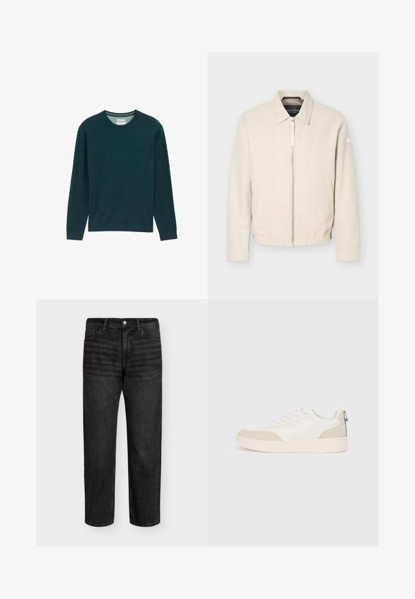 Chaqueta beige con cremallera, cuello, mangas largas, dos bolsillos laterales, cintura elástica y un pequeño parche en la manga izquierda.; Sudadera de manga larga verde oscuro con cuello redondo acanalado, textura suave y un sutil detalle del logo en la parte frontal. Corte clásico.; Jeans de mezclilla negra con corte recto, con una cintura de altura media, cinco bolsillos y cierre de botón de metal. Textura suave con un ligero desgastado.; Zapatilla blanca con acentos de ante beige, cordones planos y suela de goma texturizada. Incluye un detalle de bucle verde en el talón.