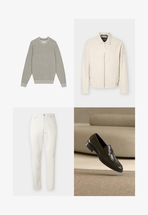Beige lynlåsjakke med krave, lange ærmer, to sidelommer, elastisk taljebånd og et lille mærke på venstre ærme.; Lysegrå strikketrøje med ribbet tekstur, rund hals og lange ærmer. Simpelt design, elastiske kantafslutninger, minimal detaljer.; Hvide bukser med lige ben, forlommer, bæltestropper og lukning med knap, vist mod en lysegrå baggrund.; Sort lædersko med slip-on design, svævende over beige tæppe med beige sofa i baggrunden, der fremhæver klassisk herrestil.