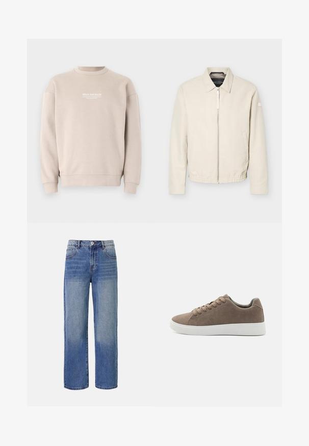 Beige Reißverschlussjacke mit Kragen, langen Ärmeln, zwei Seitentaschen, elastischem Bund und einem kleinen Aufnäher am linken Ärmel.; Beige Sweatshirt aus weichem Stoff mit einem Rundhalsausschnitt. Mit weißem Textlogo auf der Brust sowie gerippten Bündchen und Saum.; Helle blaue Denim-Jeans mit weitem Bein, einem Ausbleichungsmuster, fünf Taschen und einem Reißverschluss. Mit einem Knopf und Gürtelschlaufen an der Taille.; Braune Wildledersneaker mit flachen weißen Gummisohlen, Schnürdesign, abgerundete Zehen und einer glatten Textur. Minimalistischer Stil mit dezenten Nähdetails.