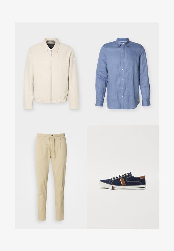 Chaqueta beige con cremallera, cuello, mangas largas, dos bolsillos laterales, cintura elástica y un pequeño parche en la manga izquierda.; Camisa de manga larga azul claro con botones blancos y collar, mostrada sobre un fondo blanco liso.; Pantalones beige de corte ajustado, hechos de una mezcla de algodón. Cintura elástica con cordón, dos pliegues frontales y patas rectas.; Zapatillas de lona navy con cierre de cordones blancos, acentos marrones y detalles de rayas laterales. Cuenta con una suela de goma y costuras en contraste.