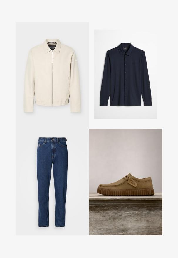 Beige lynlåsjakke med krave, lange ærmer, to sidelommer, elastisk taljebånd og et lille mærke på venstre ærme.; Mørk marineblå langærmet skjorte med knapper, krave og diskret broderet logo på venstre bryst mod en lys baggrund.; Mørkeblå jeans lavet af denim, med lige ben, fem-lommer stil og synlige syninger langs sømmene.; Lysebrune ruskindsko med rund tå, syet detaljer og en ribbet brun gummisål. Har et sidemærke med "Clarks" logo.