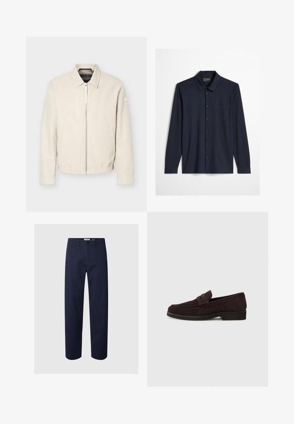 Veste beige à fermeture éclair avec col, manches longues, deux poches latérales, taille élastique et un petit patch sur la manche gauche.; Chemise bleu marine foncé à manches longues avec col et logo brodé discret sur la poitrine gauche sur un fond clair.; Pantalon bleu marine à jambes droites avec fermeture bouton et zip, passants pour ceinture et poches latérales sur fond uni.; Mocassins en daim marron avec une silhouette basse et un embout arrondi. Présentent une sangle décorative sur le dessus, une semelle en caoutchouc plate et sans couture visible.