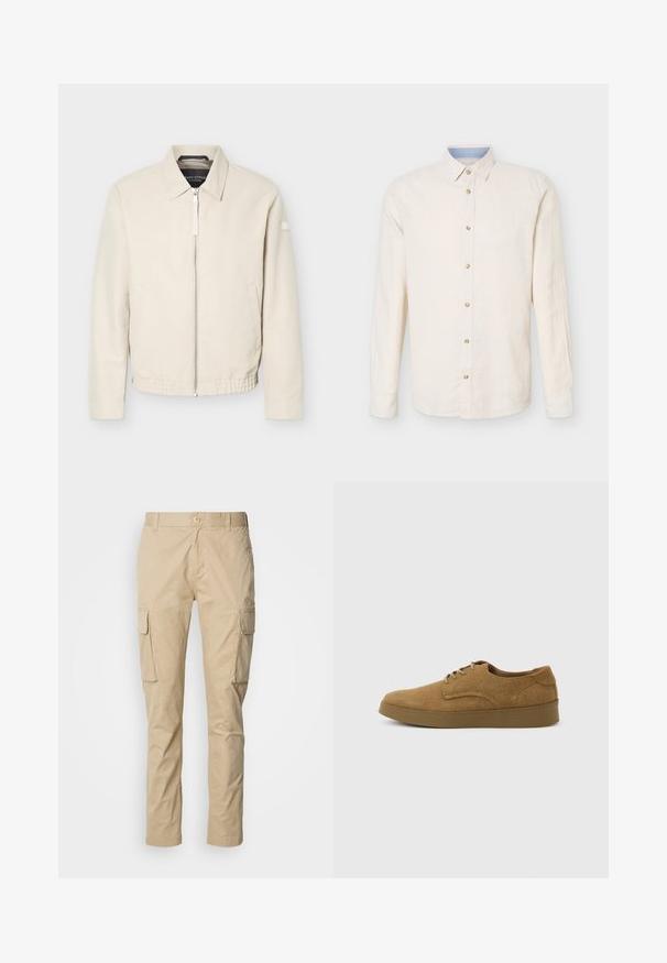Veste beige à fermeture éclair avec col, manches longues, deux poches latérales, taille élastique et un petit patch sur la manche gauche.; Chemise beige à manches longues avec boutons, col pointu, sept boutons visibles et un détail intérieur du col bleu clair.; Pantalons cargo beiges à coupe droite, dotés de deux grandes poches latérales, d'une fermeture à bouton et fabriqués en tissu en coton léger.; Chaussure décontractée à lacets en daim marron avec semelle en caoutchouc plate, vue de côté sur un fond clair uni.