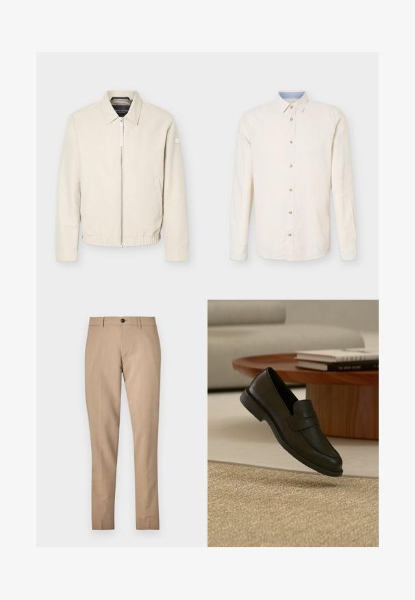 Beige lynlåsjakke med krave, lange ærmer, to sidelommer, elastisk taljebånd og et lille mærke på venstre ærme.; Beige skjorte med lange ærmer, knapper foran, spids krave, syv synlige knapper og en lys blå detalje på den indvendige krave.; Beige skræddersyede bukser lavet af en glat stof, med knaplukning, bæltestropper og slank pasform med lige ben.; Sort læderloafer vist i luften over en beige vævet tæppe, med et træbord og stablede bøger i et blødt oplyst stue.