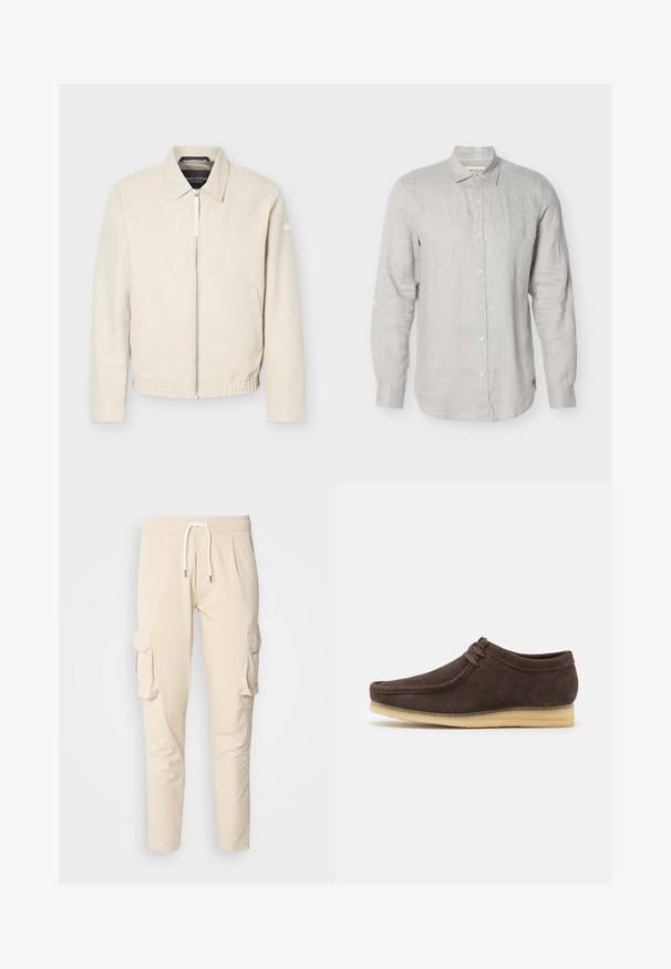 Beige lynlåsjakke med krave, lange ærmer, to sidelommer, elastisk taljebånd og et lille mærke på venstre ærme.; Lysegrå langærmet skjorte med knapper, krave, enkelte manchetknapper og en lille rød logo nær bunden på en hvid baggrund.; Beige cargo bukser med elastisk talje og snoretræk. Har to sidelommer og tapered ben-design. Glat tekstur.; Brune ruskindsko med en glat overflade, rund tå og minimalistisk design. Har en lysgummisål og kontrastfarvet snøredetalje.