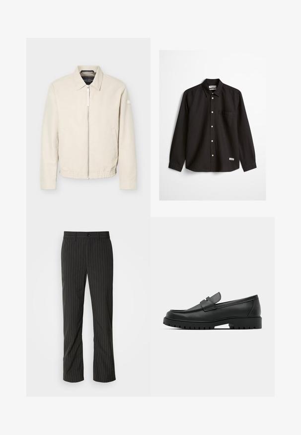 Veste beige à fermeture éclair avec col, manches longues, deux poches latérales, taille élastique et un petit patch sur la manche gauche.; Chemise noire à manches longues avec boutons, une poche poitrine unique, un col pointu, et une petite étiquette blanche près de l'ourlet inférieur sur fond blanc.; Pantalons noirs à rayures fines avec une coupe droite. Présente une texture lisse, une fermeture à bouton à l'avant et des passants de ceinture.; Mocassins en cuir noir à bout arrondi, avec un design cousu, une semelle plateforme basse et une semelle en caoutchouc texturée et crantée.