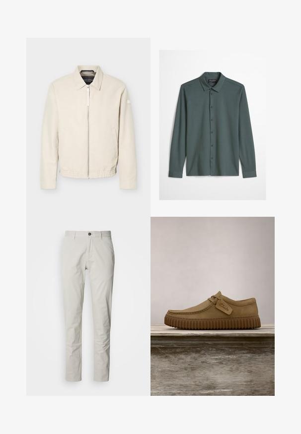 Beige jas met ritssluiting en kraag, lange mouwen, twee zijzakken, elastische tailleband en een klein patch op de linkermouw.; Heren langärmelig overhemd met knopen in gedempte blauw-grijze kleur, voorzien van een klassieke kraag en een subtiel geborduurd logo op de borst.; Lichtbeige chinos met een rechte pijp, voorzien van een knoopsluiting, enkele plooi en een gladde katoenen textuur.; Lichtbruine suède schoenen met een ronde neus, gestikte details en een geribbeld bruine rubberen zool. Bevat een zijlabel met het "Clarks" logo.