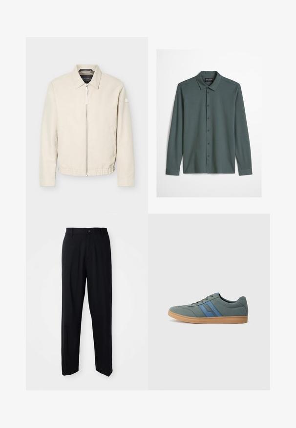 Beige lynlåsjakke med krave, lange ærmer, to sidelommer, elastisk taljebånd og et lille mærke på venstre ærme.; Herre langærmet skjorte med knapper i dæmpet blå-grå med klassisk krave og diskret broderet logo på brystet.; Sorte lige bukser med bæltestropper, knaplukning og et slankt, minimalistisk design på en neutral baggrund.; Lys grøn ruskind sneaker med blå detaljer, flade snørebånd og en beige gummisål. Rund toe og lavprofil design.