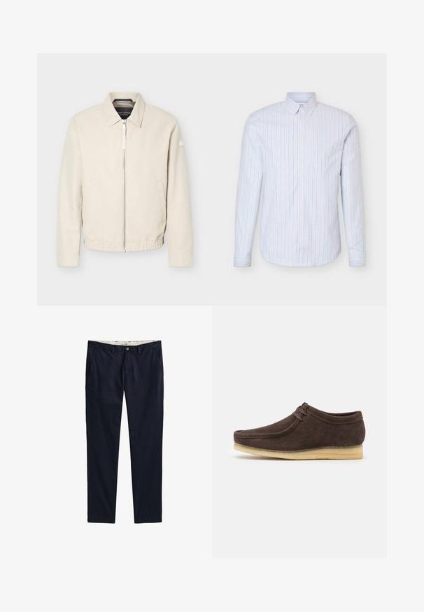 Beige jas met ritssluiting en kraag, lange mouwen, twee zijzakken, elastische tailleband en een klein patch op de linkermouw.; Lichtblauw herenoverhemd met knopen, verticale witte en dunne rode strepen, lange mouwen en een button-down kraag.; Navy blauwe rechte broeken met zijzakken, riemlussen, knoopsluiting en ritssluiting, plat getoond op een witte achtergrond.; Bruine suède schoen met een gladde afwerking, ronde neus en minimalistisch ontwerp. Voorzien van een lichtgekleurde rubberen zool en contrasterende veters.