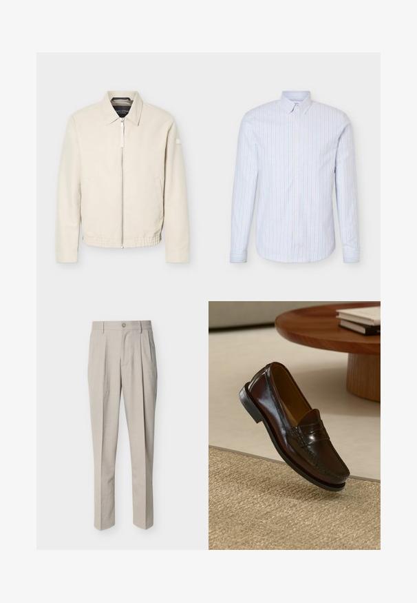 Beige jas met ritssluiting en kraag, lange mouwen, twee zijzakken, elastische tailleband en een klein patch op de linkermouw.; Lichtblauw herenoverhemd met knopen, verticale witte en dunne rode strepen, lange mouwen en een button-down kraag.; Beige op maat gemaakte herenkleding met voorplooien, riemlussen, een knoopsluiting en een rechte pijp, afgebeeld tegen een witte achtergrond.; Bruine leren instappers met een glanzende afwerking, voorzien van een gestikt detail aan de voorkant en een low-profile zwarte rubberen zool.