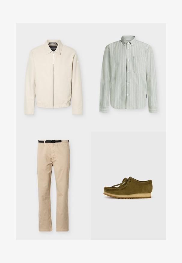 Beige jas met ritssluiting en kraag, lange mouwen, twee zijzakken, elastische tailleband en een klein patch op de linkermouw.; Groen gestreept overhemd met knopen van lichtgewicht stof, voorzien van een enkele borstzak en witte verticale strepen met knoopmanchetten.; Beige broek met rechte pijpen, zwarte verstelbare riem, elastische tailleband aan één kant en een voornaad als detail.; Olijfgroene suède schoen met een ronde neus, vetersluiting en een lage, gestructureerde rubberen zool. Minimale stiknaad details langs de rand.