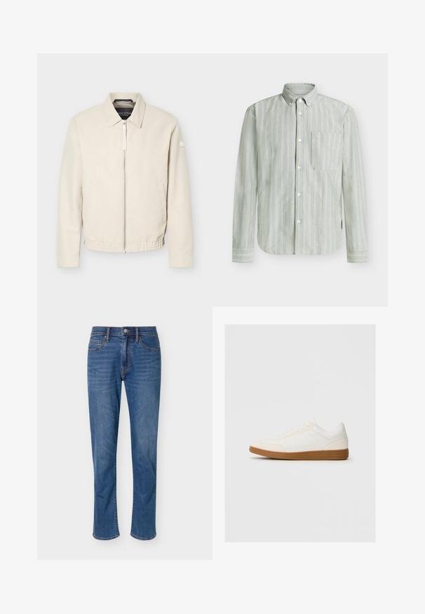 Veste beige à fermeture éclair avec col, manches longues, deux poches latérales, taille élastique et un petit patch sur la manche gauche.; Chemise boutonnée verte rayée en tissu léger, dotée d'une poche poitrine unique et de rayures blanches verticales avec des poignets à boutons.; Jean droit bleu en denim avec fermeture devant à bouton et zip, cinq poches et légère décoloration aux cuisses.; Baskets blanches avec un capuchon en daim, un dessus en synthétique lisse et une semelle en caoutchouc marron. Présente des perforations sur les côtés pour une meilleure respirabilité.