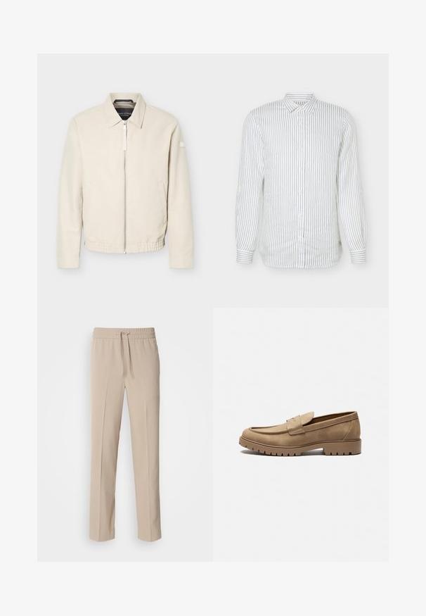 Veste beige à fermeture éclair avec col, manches longues, deux poches latérales, taille élastique et un petit patch sur la manche gauche.; Chemise blanche à manches longues boutonnée avec fines rayures verticales noires et col classique pointu exposée sur un fond uni.; Pantalons beiges, coupe décontractée, fabriqués en tissu doux, dotés d'une taille élastique avec cordon de serrage et de jambes droites avec des accents minimalistes.; Mocassins en daim beige avec un bout arrondi, semelle en caoutchouc plate et coutures décoratives sur la tige. Dispose d'un design à enfiler sans lacets.