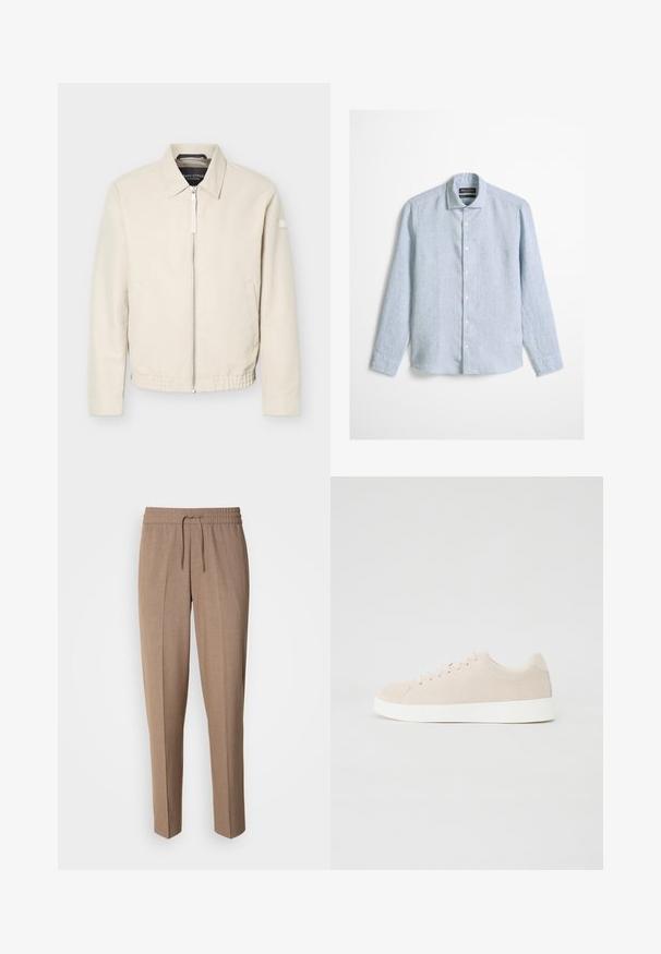Beige jas met ritssluiting en kraag, lange mouwen, twee zijzakken, elastische tailleband en een klein patch op de linkermouw.; Lichtblauw overhemd met lange mouwen en knopen, met een klassieke kraag, gemaakt van gestructureerde stof, weergegeven tegen een effen achtergrond.; Bruine, geweven stoffen broek met een relaxte pasvorm, trekkoord taille en plooien aan de voorkant. Rechte pijpen en geen zichtbare zakken of hardware.; Beige suède sneakers met witte rubberen zolen, ronde neus en zes veterogen. Gladde textuur met minimalistisch ontwerp.