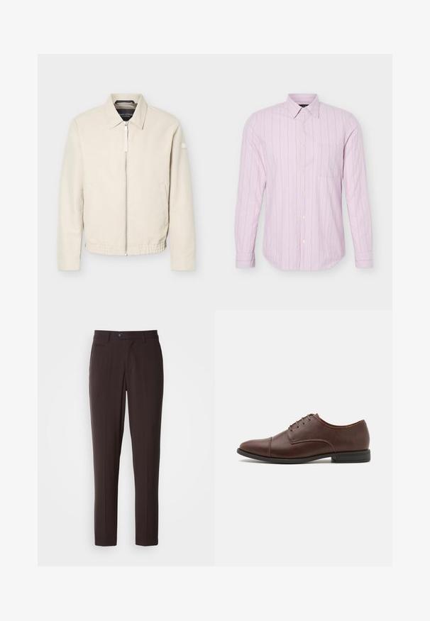 Veste beige à fermeture éclair avec col, manches longues, deux poches latérales, taille élastique et un petit patch sur la manche gauche.; Chemise rose clair à manches longues avec fines rayures verticales blanches et une poche poitrine unique, présentée sur un fond blanc.; Pantalon marron foncé ajusté en tissu lisse, avec devant plat, poches latérales et fermeture par bouton. Coupe droite, sans motif apparent.; Chaussure habillée en cuir marron à lacets avec un bout arrondi élégant, des détails de couture subtils et un petit talon en caoutchouc noir.