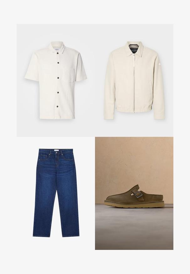 Veste beige à fermeture éclair avec col, manches longues, deux poches latérales, taille élastique et un petit patch sur la manche gauche.; Chemise blanche à manches courtes avec un design texturé, boutons avant marron foncé, et une seule poche poitrine.; Jean en denim bleu foncé avec une coupe droite, équipé d'une fermeture boutonnée et à zip, de cinq poches et de détails de couture visibles.; Chaussure en daim vert olive à enfiler avec une boucle métallique et une semelle épaisse couleur fauve, positionnée sur un tapis beige près d'une table ronde en bois.