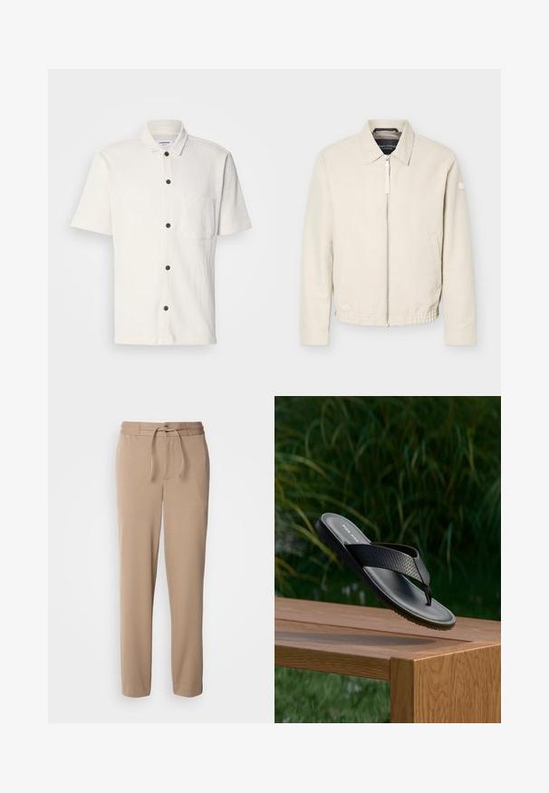Chaqueta beige con cremallera, cuello, mangas largas, dos bolsillos laterales, cintura elástica y un pequeño parche en la manga izquierda.; Camisa blanca de manga corta con un diseño texturizado, botones frontales en marrón oscuro y un único bolsillo en el pecho.; Pantalones de chándal beige hechos de algodón suave, con cintura elástica, cordón, corte ajustado y perneras rectas sin estampados.; Chancla negra con tira texturizada flotando sobre un banco de madera, con follaje verde desenfocado en el fondo.