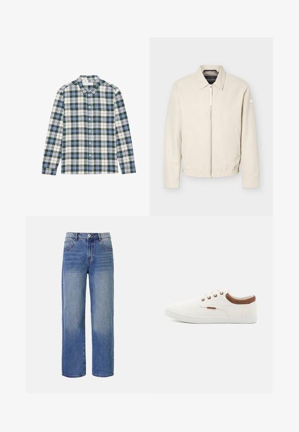 Veste beige à fermeture éclair avec col, manches longues, deux poches latérales, taille élastique et un petit patch sur la manche gauche.; Chemise carreaux verts et blancs avec des accents bleus, dotée d'un col boutonné, de manches longues et d'une poche poitrine. Fabriquée en tissu doux.; Jeans en denim bleu clair à jambes larges avec un motif délavé, cinq poches et une fermeture à glissière. Comprend un bouton et des passants de ceinture à la taille.; Baskets en toile blanches avec une texture lisse, des accents en cuir marron au talon et cinq œillets en métal pour les lacets. Elles disposent d'une semelle plate en caoutchouc.