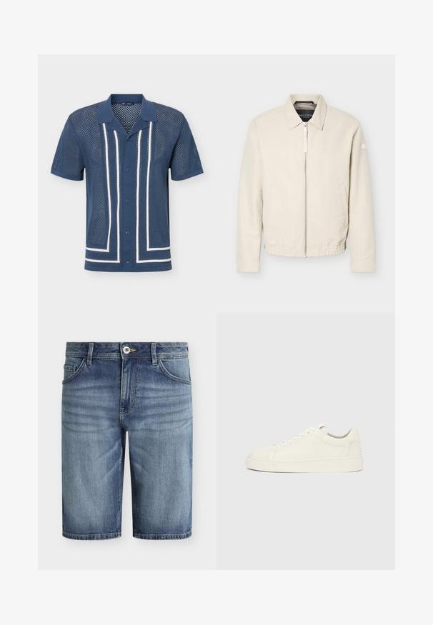 Veste beige à fermeture éclair avec col, manches longues, deux poches latérales, taille élastique et un petit patch sur la manche gauche.; Chemise bleu marine à manches courtes avec boutons, en tissu mesh, rayures blanches verticales et horizontales, et col pointu.; Shorts en denim bleu avec bouton et fermeture éclair à l'avant, passants pour ceinture et poches avant, présentant une texture délavée et usée.; Baskets basses en cuir blanc avec fermeture à lacets et semelle plate sur fond gris clair uni, vue latérale.