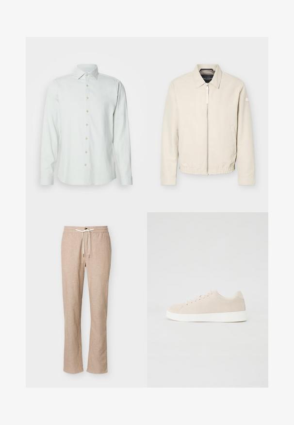 Veste beige à fermeture éclair avec col, manches longues, deux poches latérales, taille élastique et un petit patch sur la manche gauche.; Chemise longue à manches longues de couleur vert clair en tissu doux. Elle présente un col classique, une patte de boutonnage sur le devant et des poignets boutonnés.; Pantalon décontracté beige en mélange de lin avec taille élastique et cordon blanc, coupe droite, sans poches visibles, présenté sur fond blanc.; Baskets en daim beige avec semelles en caoutchouc blanc, bout rond et six œillets pour les lacets. Texture lisse avec un design minimaliste.