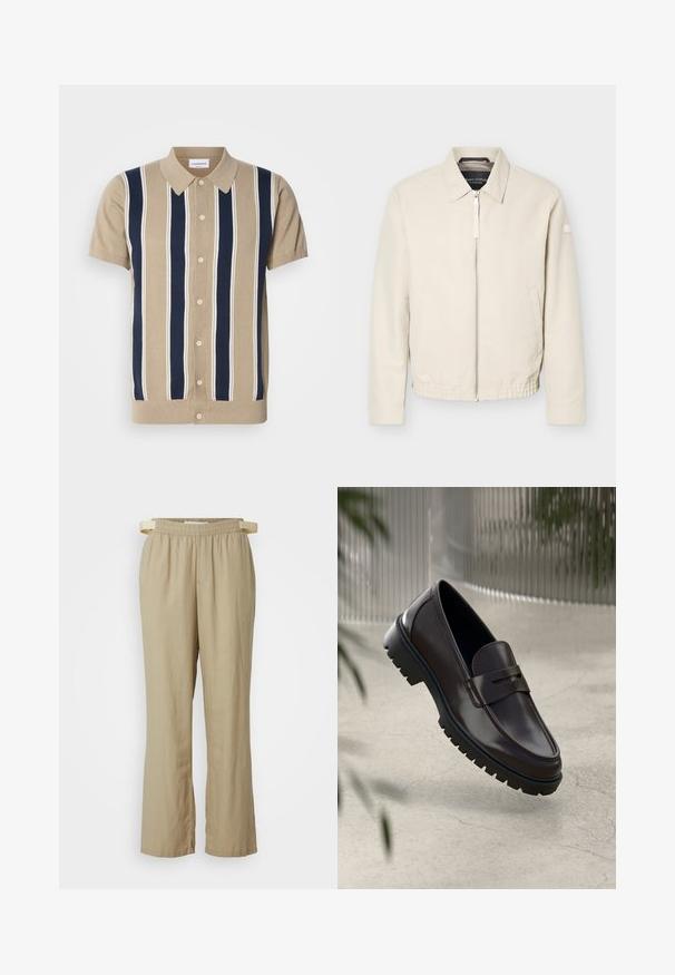 Beige jas met ritssluiting en kraag, lange mouwen, twee zijzakken, elastische tailleband en een klein patch op de linkermouw.; Tan korte mouw polo met marineblauwe en witte verticale strepen, voor knoopsluiting en een klassieke kraag. Zachte gebreide stof.; Beige, wijde broek gemaakt van lichtgewicht stof. Elastische tailleband met een strik. Voorzien van zijzakken en recht gesneden pijpen.; Bruine leren loafers met een getextureerde, geribbelde rubberen zool. Beschikt over een slank ontwerp en een decoratieve band over de wreef.