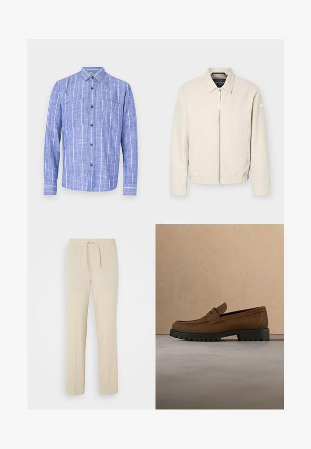 Beige jas met ritssluiting en kraag, lange mouwen, twee zijzakken, elastische tailleband en een klein patch op de linkermouw.; Blauw overhemd met lange mouwen en witte verticale strepen, knoopsluiting aan de voorkant, twee borstzakken en een klassieke kraag.; Beige, elastische broek met een trekkoord in de taille. Heeft rechte pijpen en een zachte textuur, geschikt voor casual wear of loungen.; Donkerbruine leren loafer met dikke zwarte rubberen zool, getoond boven een beige tapijt en bankachtergrond.