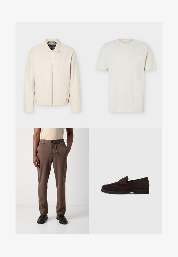 Beige lynlåsjakke med krave, lange ærmer, to sidelommer, elastisk taljebånd og et lille mærke på venstre ærme.; Simpel, off-white T-shirt med korte ærmer og rund hals, med diskret logo på venstre bryst, vist mod en hvid flad baggrund.; Mand iført brune snørebukser og sorte sko, stående mod en ensfarvet hvid baggrund.; Brune ruskinds loafers med lav profil og rund tå. Har en dekorativ rem over det øverste, flad gummisål og ingen synlig syning.