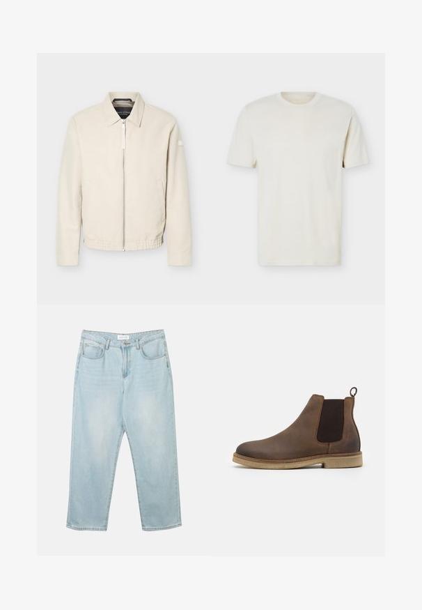 Beige Reißverschlussjacke mit Kragen, langen Ärmeln, zwei Seitentaschen, elastischem Bund und einem kleinen Aufnäher am linken Ärmel.; Schlichtes, cremefarbenes T-Shirt mit kurzen Ärmeln und Rundhalsausschnitt, mit dezentem Logo auf der linken Brust, auf weißem Hintergrund liegend präsentiert.; Helle blaue Jeans aus Denim mit entspannter Passform, fünf Taschen, einem Knopfverschluss und subtilen Ausbleichungen. Die Textur ist glatt und leicht abgenutzt.; Braune Leder-Chelsea-Stiefel mit elastischen Seitenpaneelen, abgerundeter Zehe, Zuglasche und einer hellbraunen strukturierten Sohle.
