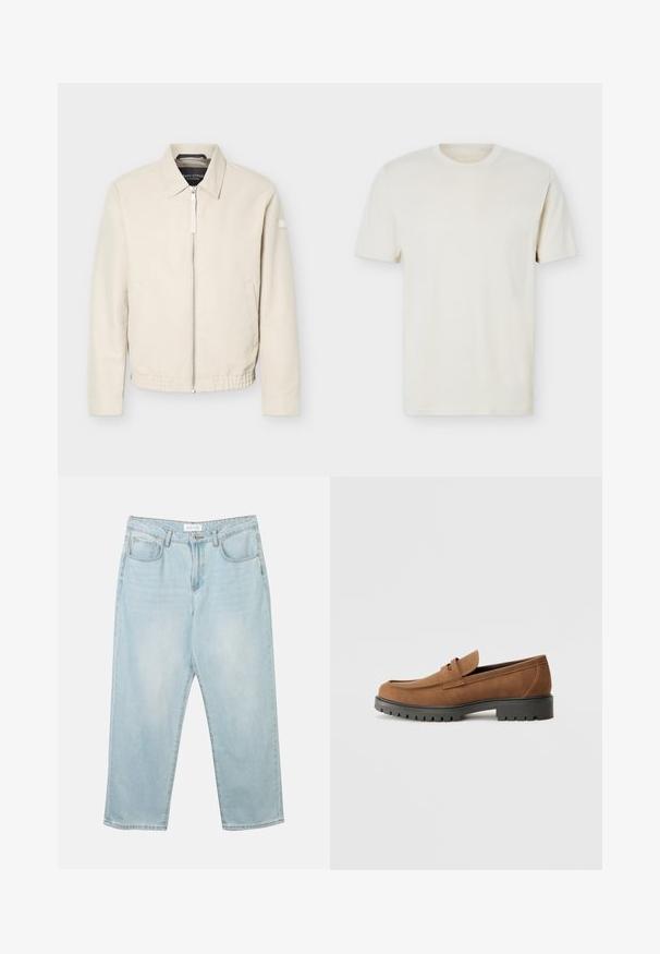 Veste beige à fermeture éclair avec col, manches longues, deux poches latérales, taille élastique et un petit patch sur la manche gauche.; T-shirt à manches courtes couleur blanc cassé uni avec col rond et logo discret sur le côté gauche de la poitrine, présenté sur un fond blanc uni.; Jean en denim bleu clair avec une coupe décontractée, cinq poches, une fermeture à bouton et un léger délavage. La texture est douce et légèrement usée.; Mocassins en daim marron avec un bout arrondi et une semelle noire en caoutchouc basse, présentant une sangle décorative et des détails de couture sur le dessus.