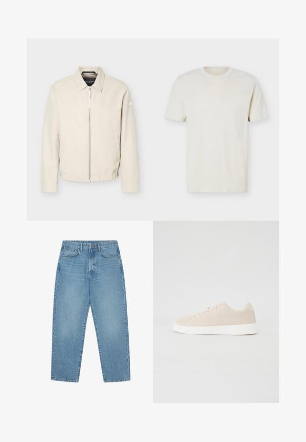 Beige vetoketjullinen takki, jossa kaulus, pitkät hihat, kaksi sivutaskua, joustava vyötärönauha ja pieni merkki vasemmassa hihassa.; Yksinkertainen luonnonvalkoinen, lyhythihainen T-paita pyöreällä kaula-aukolla, jossa hienovarainen logo vasemmassa rinnassa, esitetty tasaisella valkoisella taustalla.; Vaaleansiniset denimfarkut suoralla lahkeensuudella, viiden taskun mallilla ja hieman haalistuneella tekstuurilla. Ne on varustettu napilla ja vetoketjulla.; Beige nahkaiset lenkkarit, joissa on valkoiset kumipohjat, pyöreä kärki ja kuusi rei'itystä nauhoille. Silkkinen pinta ja minimalistinen muotoilu.