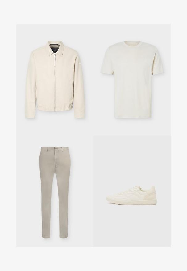 Veste beige à fermeture éclair avec col, manches longues, deux poches latérales, taille élastique et un petit patch sur la manche gauche.; T-shirt à manches courtes couleur blanc cassé uni avec col rond et logo discret sur le côté gauche de la poitrine, présenté sur un fond blanc uni.; Pantalon beige slim fit avec passants de ceinture, fermeture par bouton et braguette zippée, présenté sur fond blanc.; ALDO THEPITCH - Baskets basses - white