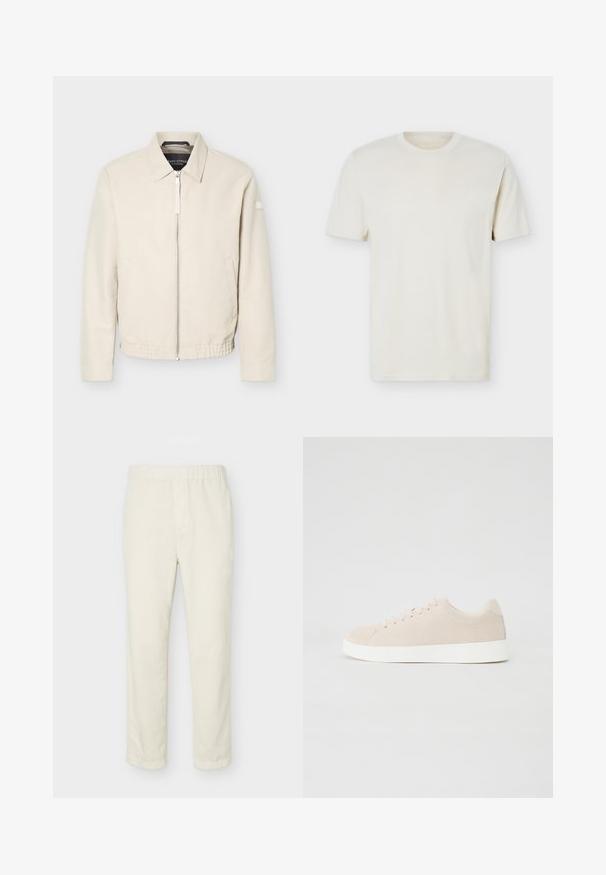 Veste beige à fermeture éclair avec col, manches longues, deux poches latérales, taille élastique et un petit patch sur la manche gauche.; T-shirt à manches courtes couleur blanc cassé uni avec col rond et logo discret sur le côté gauche de la poitrine, présenté sur un fond blanc uni.; Pantalon droit couleur blanc cassé avec taille élastique et détails minimalistes, présenté sur un fond clair uni.; Baskets en daim beige avec semelles en caoutchouc blanc, bout rond et six œillets pour les lacets. Texture lisse avec un design minimaliste.