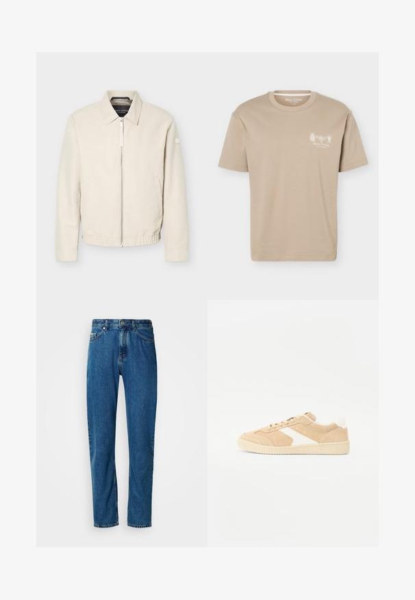 Beige lynlåsjakke med krave, lange ærmer, to sidelommer, elastisk taljebånd og et lille mærke på venstre ærme.; Beige kortærmet T-shirt med rund halsudskæring med små insektgrafikker og "Marc O'Polo" logo på venstre bryst.; Blå lige ben denim jeans med fem lommer og frontlukning med knap på en hvid baggrund.; Beige ruskind sneakers med hvide detaljer, rund tå og snørebåndslukning. Tekstureret overdel og gummisål med diskret branding.