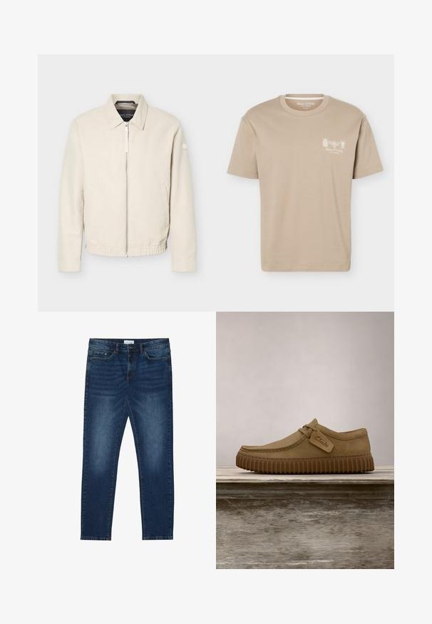 Beige jas met ritssluiting en kraag, lange mouwen, twee zijzakken, elastische tailleband en een klein patch op de linkermouw.; Beige T-shirt met korte mouwen en een ronde hals, met kleine insectengrafieken en het "Marc O'Polo"-logo op de linkerborst.; Donkerblauwe slim-fit jeans met vervaagde details, klassiek vijf-pocket ontwerp, knoopsluiting en riemlussen.; Lichtbruine suède schoenen met een ronde neus, gestikte details en een geribbeld bruine rubberen zool. Bevat een zijlabel met het "Clarks" logo.