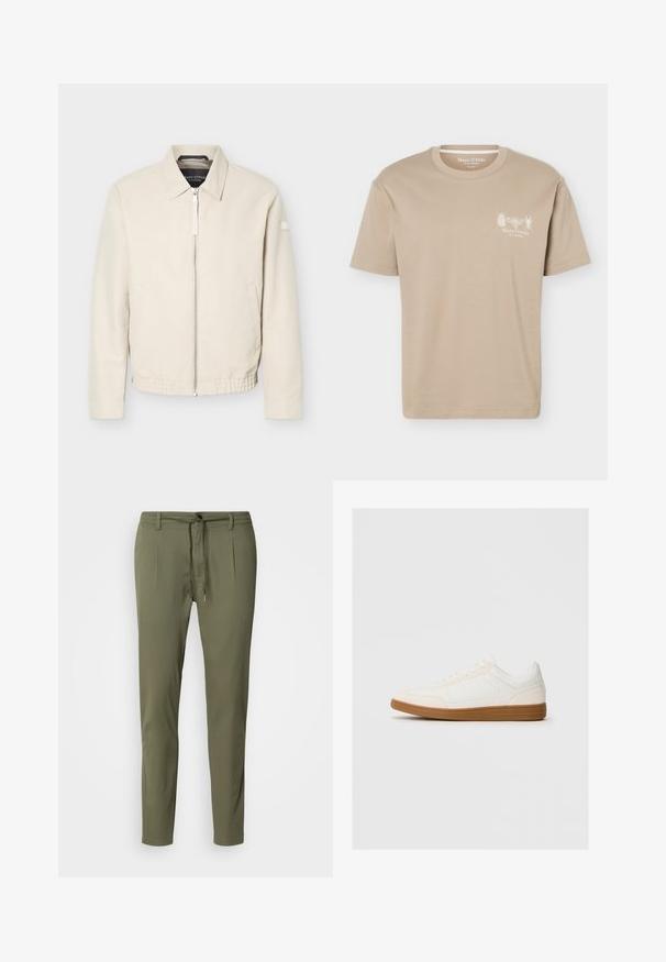 Chaqueta beige con cremallera, cuello, mangas largas, dos bolsillos laterales, cintura elástica y un pequeño parche en la manga izquierda.; Camiseta beige de manga corta con cuello redondo, con pequeños gráficos de insectos y el logo "Marc O'Polo" en el pecho izquierdo.; Pantalones verde oliva de tejido ligero, con cintura ajustable, dos pliegues frontales y un corte ajustado. Textura suave.; Zapatilla blanca con una puntera de ante, parte superior sintética suave y suela de goma marrón. Presenta perforaciones en los laterales para mayor transpirabilidad.