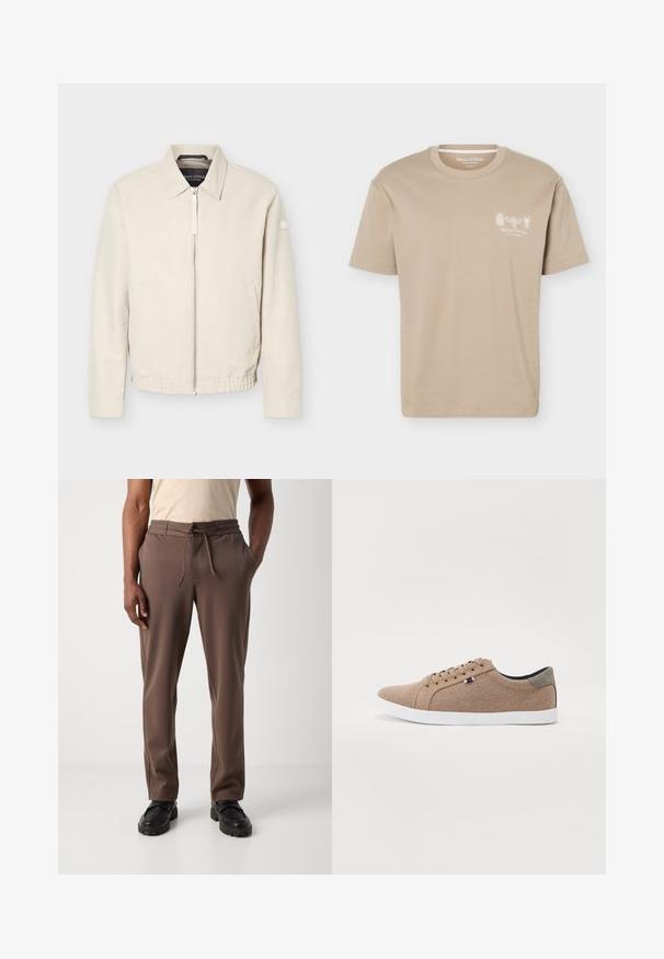 Beige lynlåsjakke med krave, lange ærmer, to sidelommer, elastisk taljebånd og et lille mærke på venstre ærme.; Beige kortærmet T-shirt med rund halsudskæring med små insektgrafikker og "Marc O'Polo" logo på venstre bryst.; Mand iført brune snørebukser og sorte sko, stående mod en ensfarvet hvid baggrund.; Beige lærreds sneakers med lavt design, hvid gummisål og runde snørebånd. Har et kontrasterende gråt hælrelief og logo detalje.