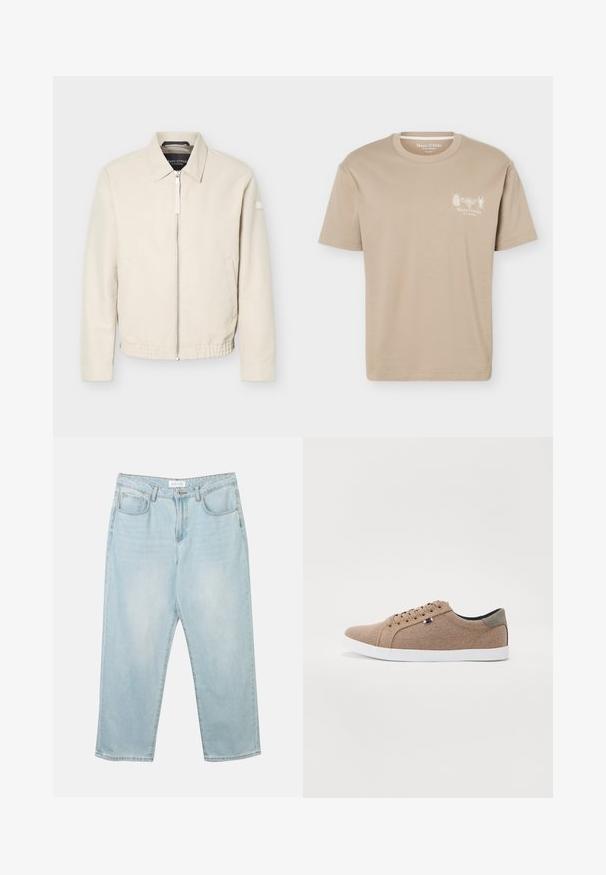 Beige jas met ritssluiting en kraag, lange mouwen, twee zijzakken, elastische tailleband en een klein patch op de linkermouw.; Beige T-shirt met korte mouwen en een ronde hals, met kleine insectengrafieken en het "Marc O'Polo"-logo op de linkerborst.; Lichtblauwe denim jeans met een relaxte fit, vijf zakken, een knoopsluiting en subtiele vervaging. De textuur is glad en licht versleten.; Beige canvas sneakers met een low-top ontwerp, witte rubberen zool en ronde veters. Kenmerkt zich door een contrasterende grijze hielaccent en logodetail.