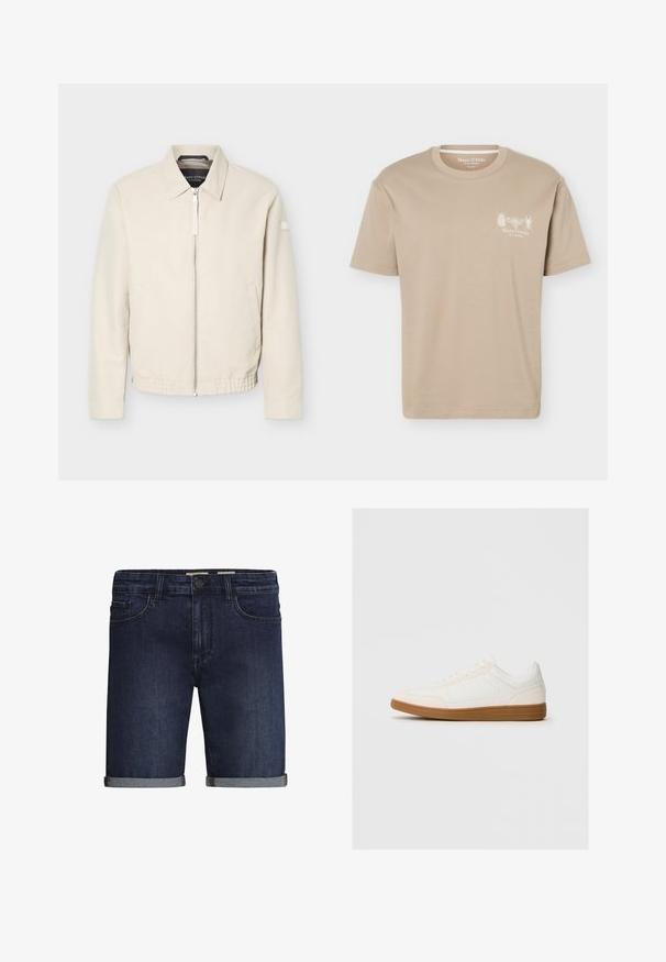 Beige Reißverschlussjacke mit Kragen, langen Ärmeln, zwei Seitentaschen, elastischem Bund und einem kleinen Aufnäher am linken Ärmel.; Beiges T-Shirt mit kurzen Ärmeln und rundem Ausschnitt, mit kleinen Insektengrafiken und „Marc O'Polo“-Logo auf der linken Brust.; Dunkelblaue Denim-Shorts mit klassischem Fünf-Taschen-Design, umgeschlagenem Saum und Knopfverschluss. Glatte Textur.; Weißer Sneaker mit einer Wildleder-Zehenkappe, glattem Synthetik-Obermaterial und einer sandfarbenen Gummisohle. Verfügt über Perforationen an den Seiten für Atmungsaktivität.