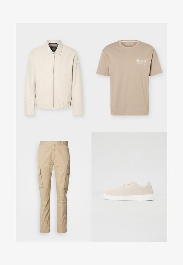 Veste beige à fermeture éclair avec col, manches longues, deux poches latérales, taille élastique et un petit patch sur la manche gauche.; T-shirt beige à manches courtes avec col rond, présentant de petits motifs d'insectes et le logo "Marc O'Polo" sur la poitrine gauche.; Pantalons cargo beiges à coupe droite, dotés de deux grandes poches latérales, d'une fermeture à bouton et fabriqués en tissu en coton léger.; Baskets en daim beige avec semelles en caoutchouc blanc, bout rond et six œillets pour les lacets. Texture lisse avec un design minimaliste.
