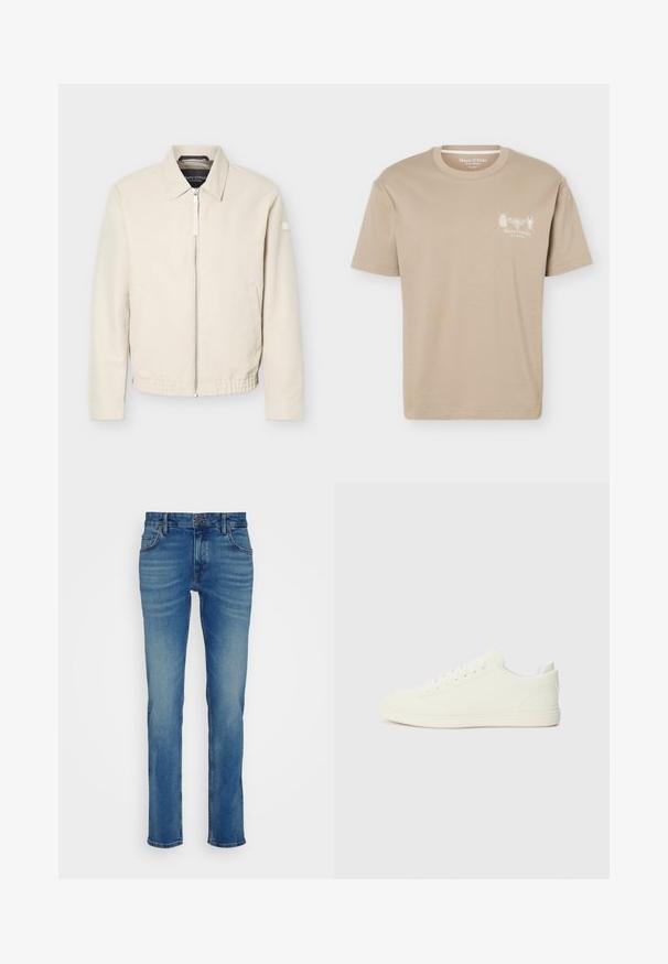 Beige Reißverschlussjacke mit Kragen, langen Ärmeln, zwei Seitentaschen, elastischem Bund und einem kleinen Aufnäher am linken Ärmel.; Beiges T-Shirt mit kurzen Ärmeln und rundem Ausschnitt, mit kleinen Insektengrafiken und „Marc O'Polo“-Logo auf der linken Brust.; Blaue Denim-Jeans mit geradem Bein, fünf Taschen und einem Knopfverschluss an der Taille, mit leichtem Verblassen und Whisker-Effekten.; Weiße Sneaker mit einer glatten Oberflächenstruktur, runder Zehenpartie und traditioneller Schnürung, im minimalistischen Design und mit Gummisohle.
