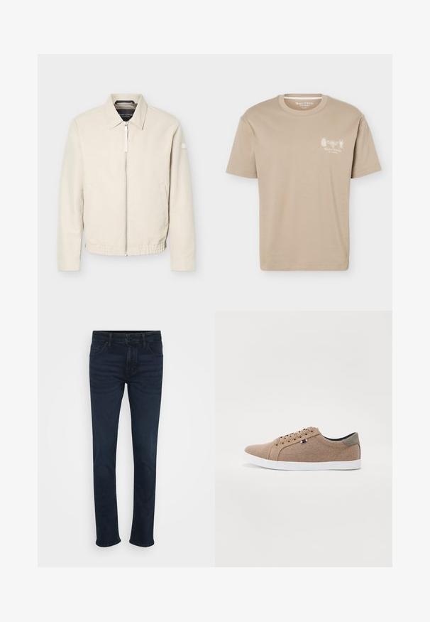 Beige lynlåsjakke med krave, lange ærmer, to sidelommer, elastisk taljebånd og et lille mærke på venstre ærme.; Beige kortærmet T-shirt med rund halsudskæring med små insektgrafikker og "Marc O'Polo" logo på venstre bryst.; Mørkeblå jeans med lige ben, der har et klassisk fem-lomme design, metalknap og bæltestropper i taljen.; Beige lærreds sneakers med lavt design, hvid gummisål og runde snørebånd. Har et kontrasterende gråt hælrelief og logo detalje.