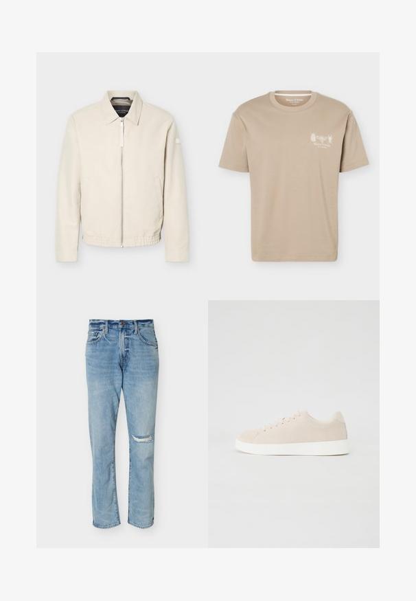 Veste beige à fermeture éclair avec col, manches longues, deux poches latérales, taille élastique et un petit patch sur la manche gauche.; T-shirt beige à manches courtes avec col rond, présentant de petits motifs d'insectes et le logo "Marc O'Polo" sur la poitrine gauche.; Jean bleu clair à jambe droite avec taille haute et un patch déchiré sur le genou droit, avec des poches avant et une fermeture par bouton.; Baskets en daim beige avec semelles en caoutchouc blanc, bout rond et six œillets pour les lacets. Texture lisse avec un design minimaliste.