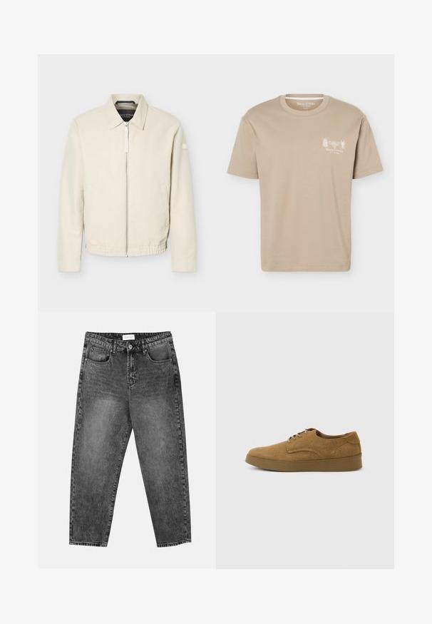 Veste beige à fermeture éclair avec col, manches longues, deux poches latérales, taille élastique et un petit patch sur la manche gauche.; T-shirt beige à manches courtes avec col rond, présentant de petits motifs d'insectes et le logo "Marc O'Polo" sur la poitrine gauche.; Jean noir délavé à jambe droite avec poches avant et arrière, passants de ceinture et bouton de fermeture à la taille.; Chaussure décontractée à lacets en daim marron avec semelle en caoutchouc plate, vue de côté sur un fond clair uni.