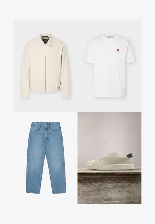Chaqueta beige con cremallera, cuello, mangas largas, dos bolsillos laterales, cintura elástica y un pequeño parche en la manga izquierda.; Camiseta blanca de manga corta con pequeño gráfico rojo de manzana y texto negro en el lado izquierdo del pecho, escote redondo y etiqueta de la marca en el interior del cuello.; Pantalones vaqueros de mezclilla azul claro con corte de pierna recta, diseño de cinco bolsillos y textura ligeramente desgastada. Cuentan con cierre de botón y cremallera.; Zapatilla blanca con suela texturizada y detalle negro en el talón, flotando sobre un banco de madera con hierba alta y verde de fondo.