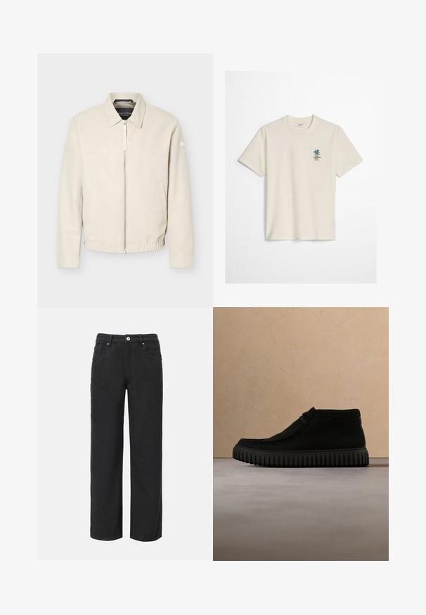 Beige lynlåsjakke med krave, lange ærmer, to sidelommer, elastisk taljebånd og et lille mærke på venstre ærme.; Off-white kortærmet T-shirt med lille grønt plante- og tekstlogo på venstre bryst, rund halsudskæring og almindelig pasform.; Sorte bukser med vid ben, lavet af bomuld, med fire lommer, frontlukning med knap og et klassisk denimdesign. Glat tekstur, ingen synlige mønstre.; Sorte ankelstøvler lavet af blødt materiale, med rund tå, minimal snøring og en tekstureret gummisål med lodrette riller.