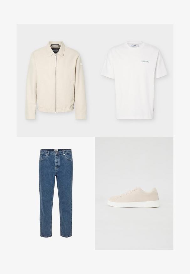 Veste beige à fermeture éclair avec col, manches longues, deux poches latérales, taille élastique et un petit patch sur la manche gauche.; T-shirt blanc à manches courtes avec col rond, avec un petit texte vert "JUICE IT UP Marc O'Polo Denim" sur la partie gauche de la poitrine.; Jeans en denim bleu à coupe droite. Présente cinq poches, une fermeture à bouton et des coutures contrastées. Le tissu a une texture classique.; Baskets en daim beige avec semelles en caoutchouc blanc, bout rond et six œillets pour les lacets. Texture lisse avec un design minimaliste.