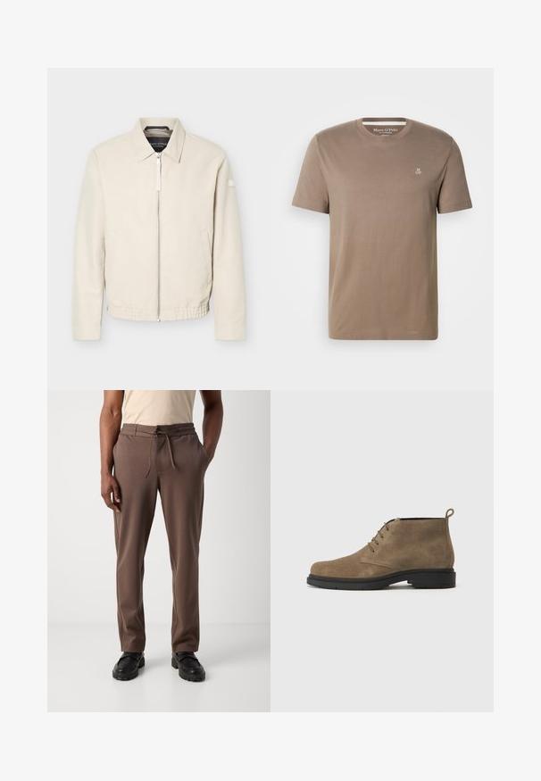 Beige lynlåsjakke med krave, lange ærmer, to sidelommer, elastisk taljebånd og et lille mærke på venstre ærme.; Taupe kortærmet bomuld T-shirt med rund hals og lille hvid "M OP"-logo på øverste venstre bryst fra Marc O'Polo.; Mand iført brune snørebukser og sorte sko, stående mod en ensfarvet hvid baggrund.; Brune ruskinds ankelstøvle med en rund tå, fire øjer til snørebånd og en sort gummisål. Har en pull tab bagpå.