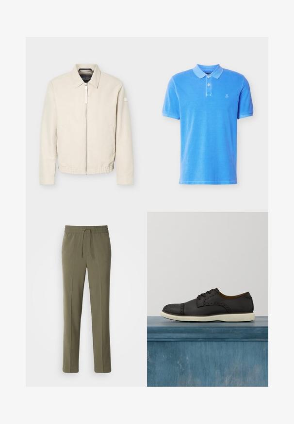 Beige jas met ritssluiting en kraag, lange mouwen, twee zijzakken, elastische tailleband en een klein patch op de linkermouw.; Blauw poloshirt met korte mouwen, twee witte knopen en een klein wit "M OP" logo op de linkerborst, afgebeeld tegen een witte achtergrond.; Olijfgroene, lichte broek met een elastische tailleband en verstelbaar trekkoord; recht model en een gladde textuur.; Zwarte leren veterschoen met een geperforeerde neus en decoratieve details langs de zijkanten, voorzien van een witte rubberen zool.