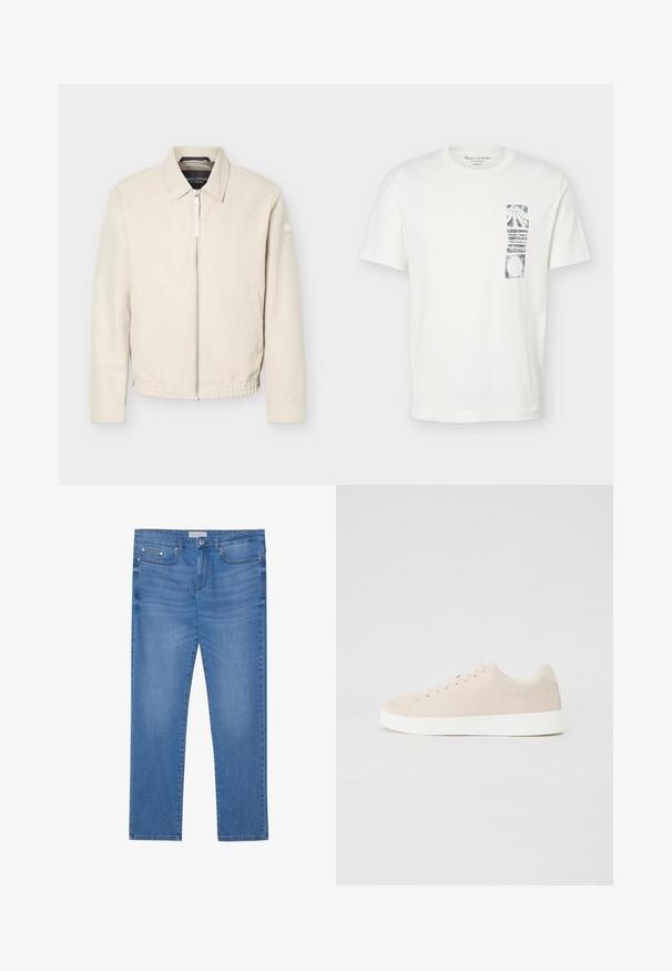 Beige lynlåsjakke med krave, lange ærmer, to sidelommer, elastisk taljebånd og et lille mærke på venstre ærme.; Hvid T-shirt med korte ærmer, rund hals og sort abstrakt rektangulært motiv på venstre brystområde.; Lyseblå denimjeans med lige ben, femlommes design, subtil falming og metalbeslag ved taljen og lommerne.; Beige ruskindsneakers med hvide gummisåler, rund tå og seks snøringshuller. Glat tekstur med minimalisk design.